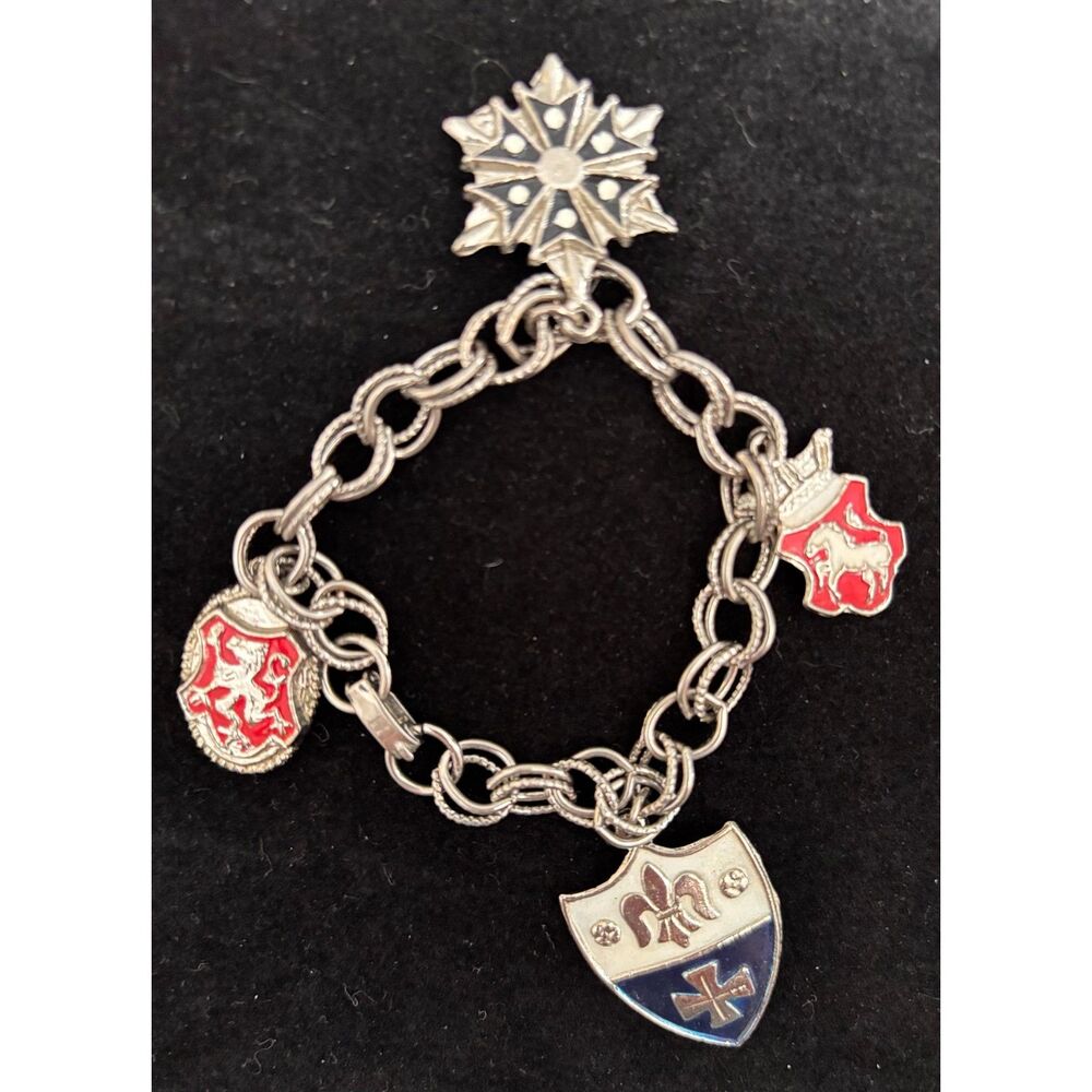 Vintage Mid-Century Enameled Heraldic Shield Charm Bracelet